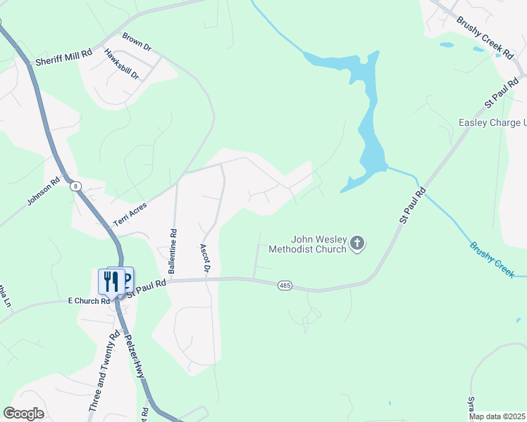 map of restaurants, bars, coffee shops, grocery stores, and more near 107 Garlington Court in Easley