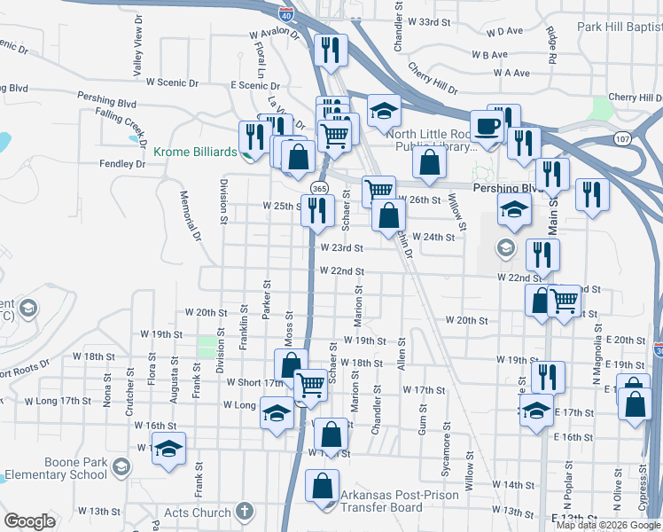 map of restaurants, bars, coffee shops, grocery stores, and more near 825 West 22nd Street in North Little Rock
