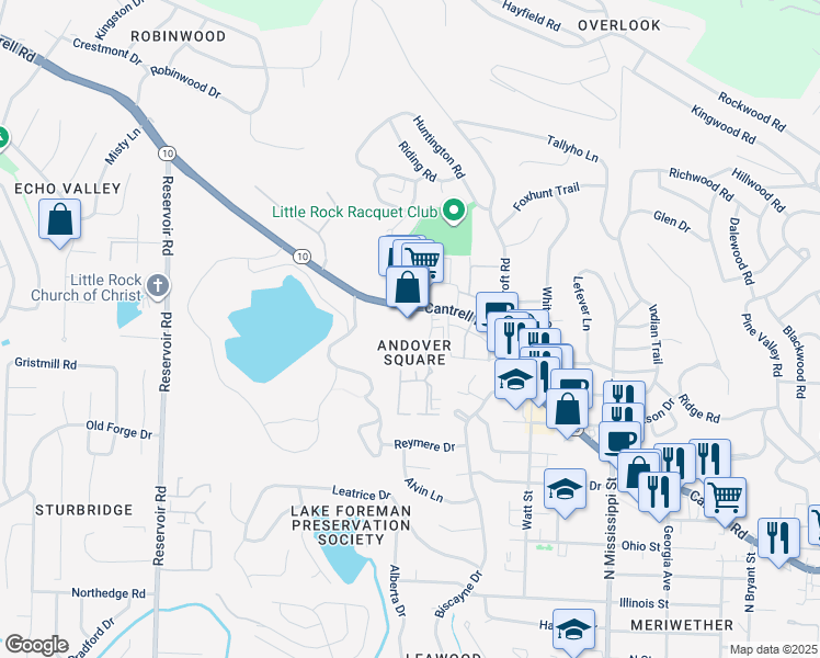 map of restaurants, bars, coffee shops, grocery stores, and more near in Little Rock