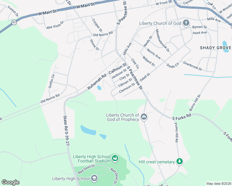 map of restaurants, bars, coffee shops, grocery stores, and more near 20 Clemson Street in Liberty