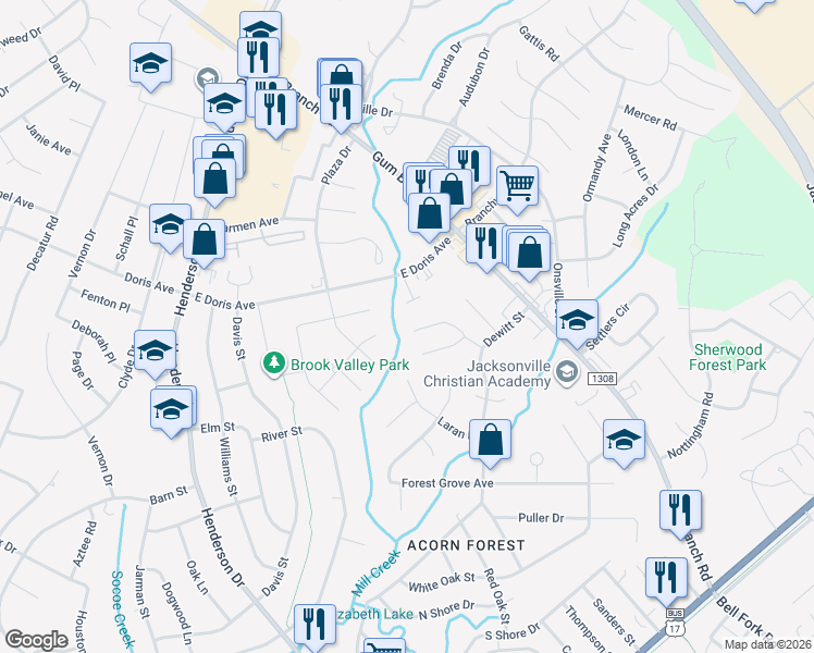 map of restaurants, bars, coffee shops, grocery stores, and more near 370 Bracken Place in Jacksonville