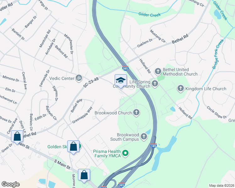 map of restaurants, bars, coffee shops, grocery stores, and more near 111 Bethel School Road in Simpsonville