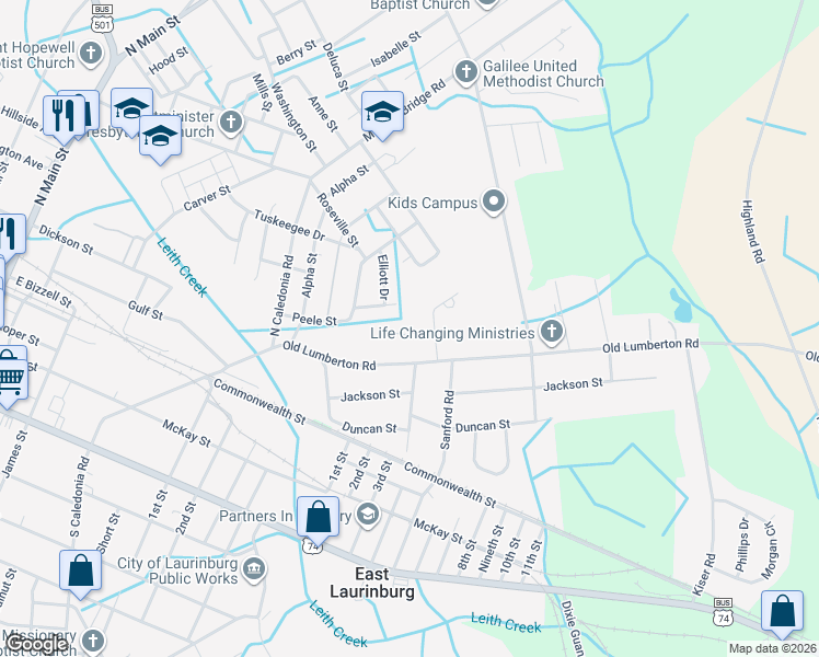 map of restaurants, bars, coffee shops, grocery stores, and more near 706 Peele Street in Laurinburg