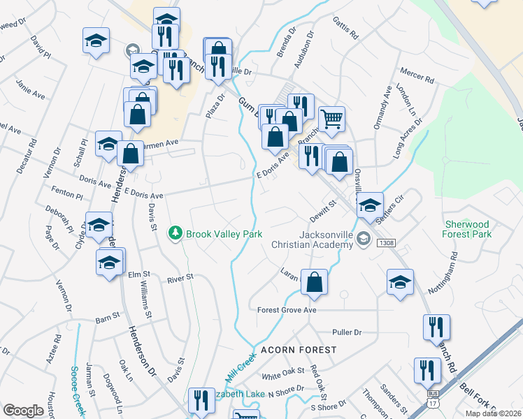 map of restaurants, bars, coffee shops, grocery stores, and more near 370 Bracken Place in Jacksonville