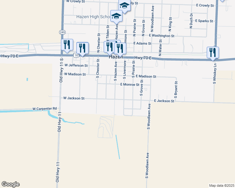 map of restaurants, bars, coffee shops, grocery stores, and more near 509 South Hazen Avenue in Hazen