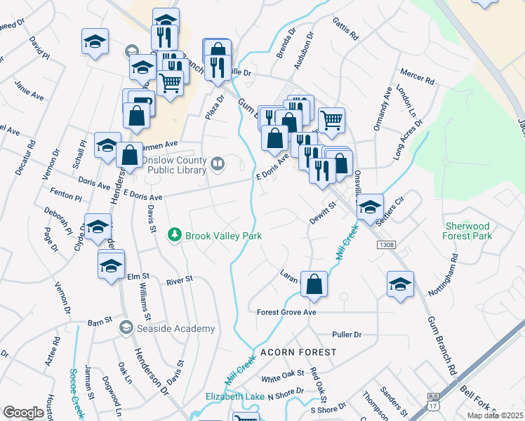 map of restaurants, bars, coffee shops, grocery stores, and more near 368 Bracken Place in Jacksonville