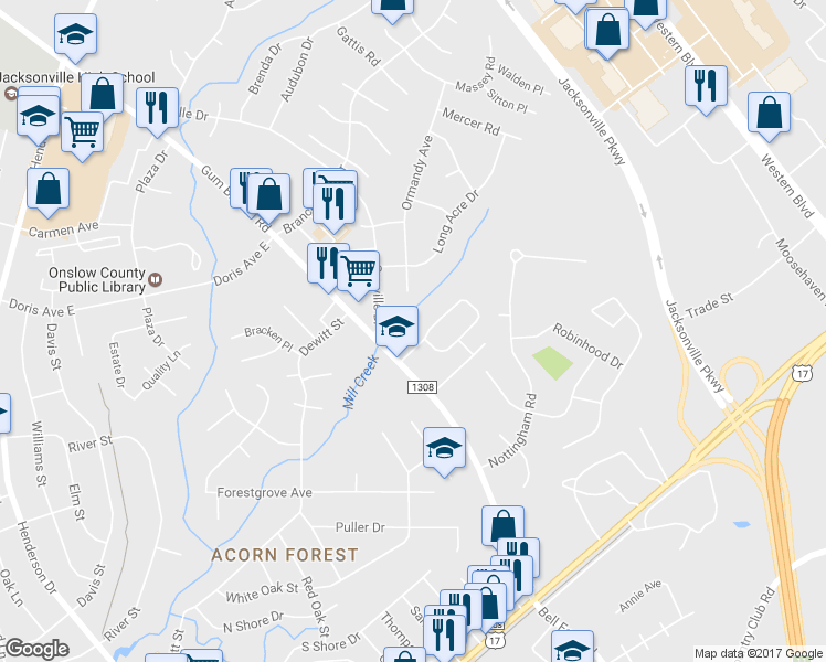 map of restaurants, bars, coffee shops, grocery stores, and more near 113 Settlers Circle in Jacksonville