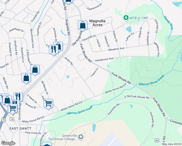 map of restaurants, bars, coffee shops, grocery stores, and more near 14 Laura Lane in Greenville