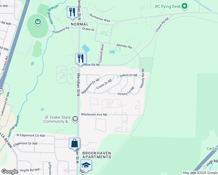 map of restaurants, bars, coffee shops, grocery stores, and more near 164 Wilkenson Drive Northeast in Huntsville
