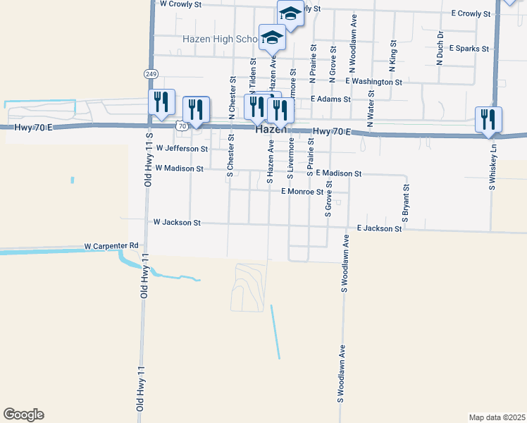 map of restaurants, bars, coffee shops, grocery stores, and more near 509 South Hazen Avenue in Hazen