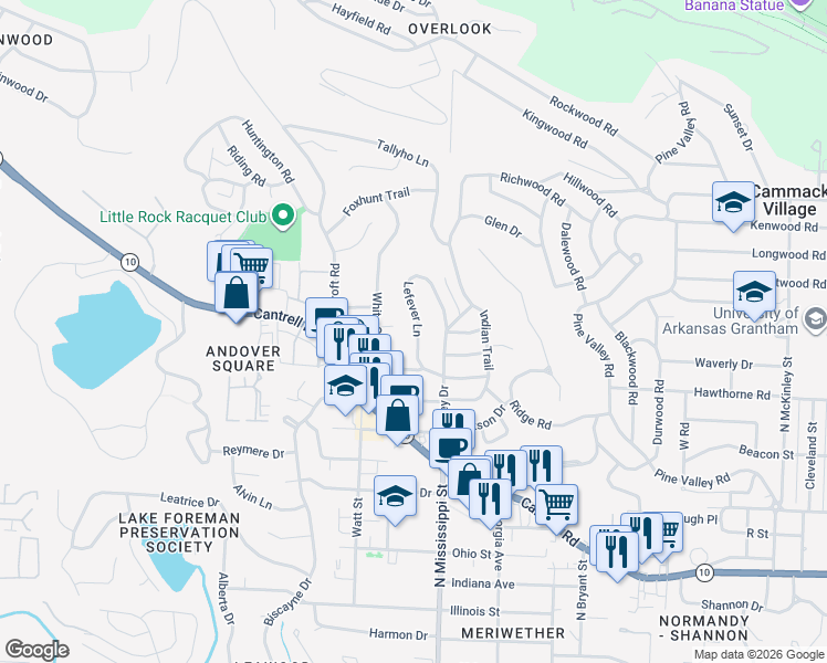 map of restaurants, bars, coffee shops, grocery stores, and more near 69 Lefever Lane in Little Rock