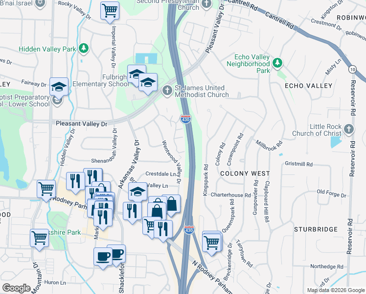 map of restaurants, bars, coffee shops, grocery stores, and more near 3 Kingsbridge Way in Little Rock