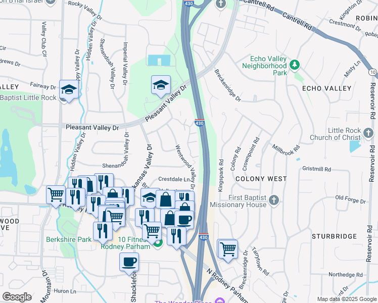 map of restaurants, bars, coffee shops, grocery stores, and more near 16 Kingsbridge Way in Little Rock