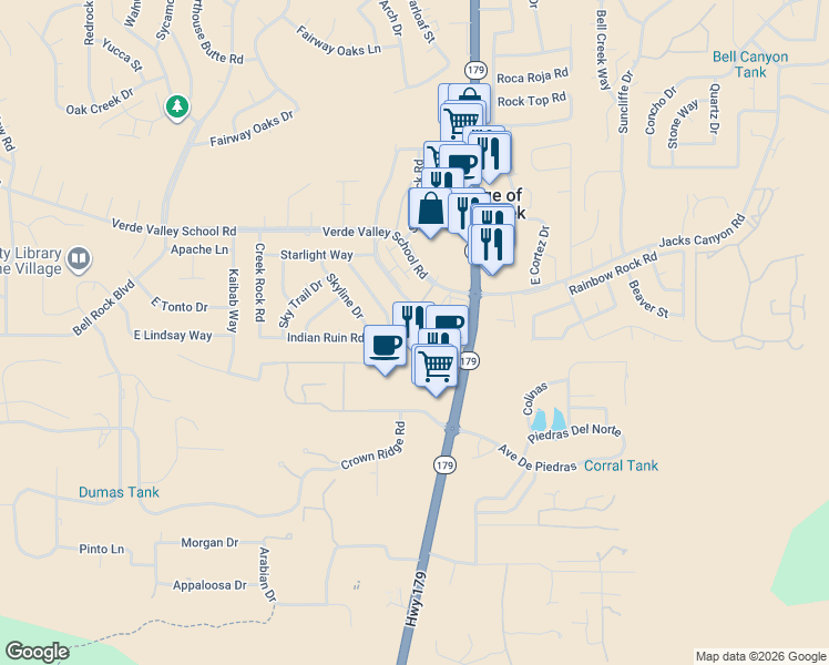 map of restaurants, bars, coffee shops, grocery stores, and more near 65 Verde Valley School Road in Sedona