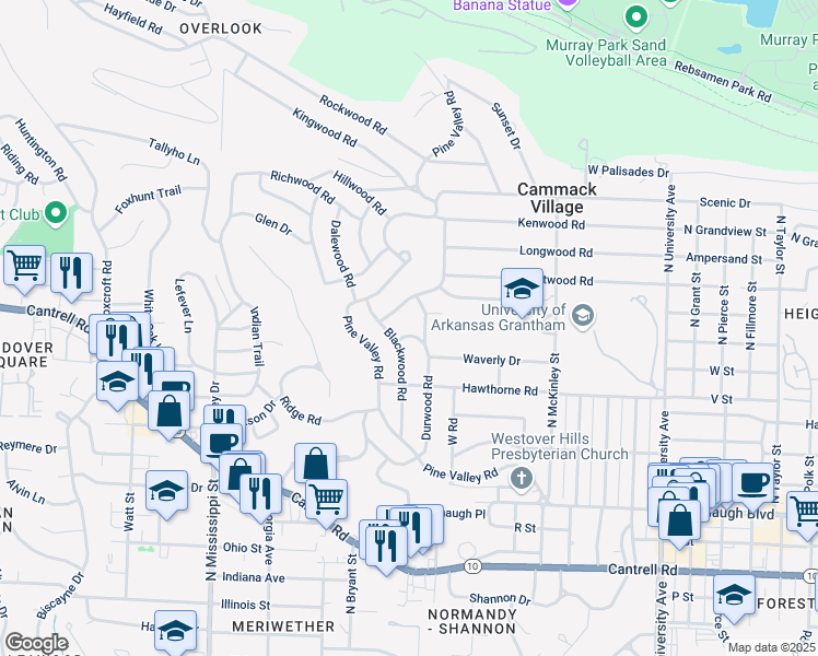 map of restaurants, bars, coffee shops, grocery stores, and more near 2 Spotwood Road in Little Rock