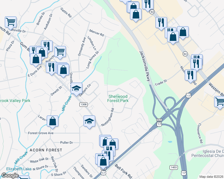map of restaurants, bars, coffee shops, grocery stores, and more near 128 Robinhood Drive in Jacksonville