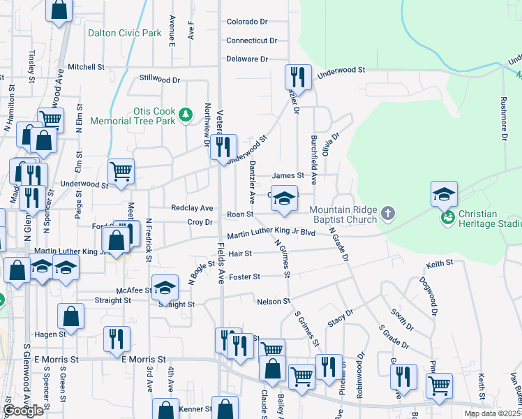 map of restaurants, bars, coffee shops, grocery stores, and more near 1103 Roan Street in Dalton