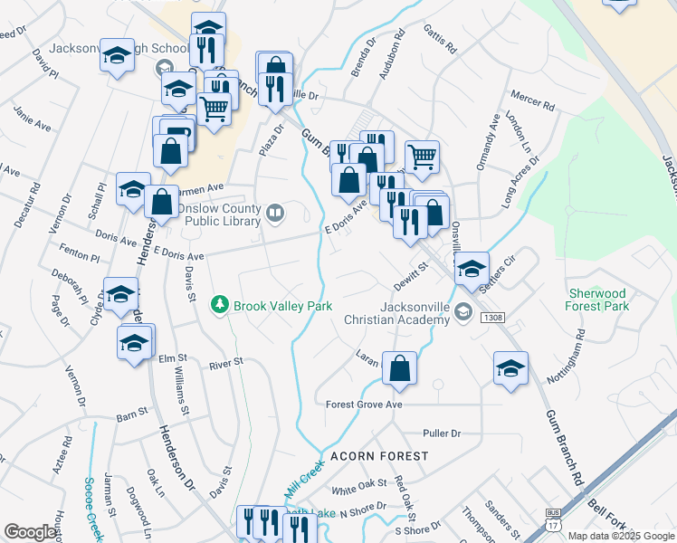 map of restaurants, bars, coffee shops, grocery stores, and more near 360 Bracken Place in Jacksonville