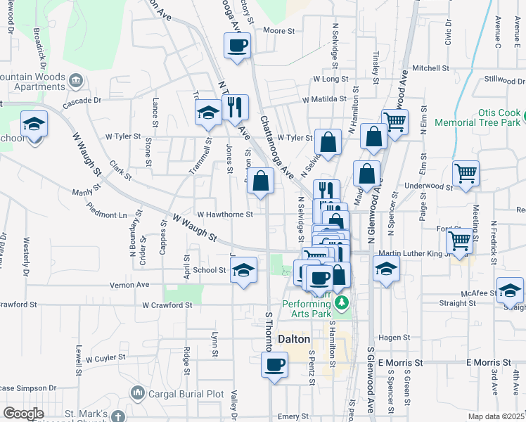 map of restaurants, bars, coffee shops, grocery stores, and more near 401 North Thornton Avenue in Dalton