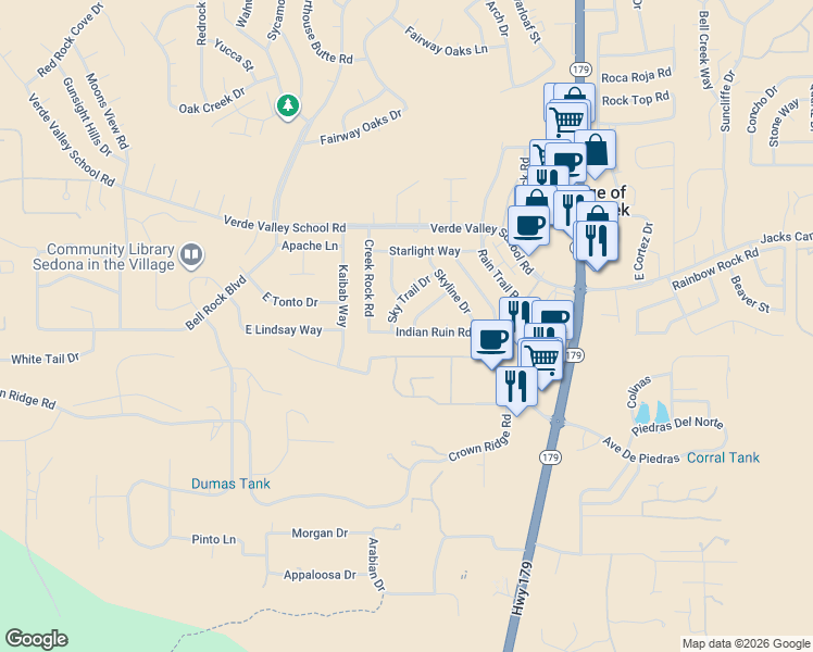 map of restaurants, bars, coffee shops, grocery stores, and more near 80 Indian Ruin Road in Sedona