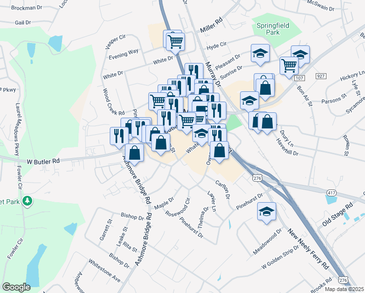 map of restaurants, bars, coffee shops, grocery stores, and more near 129 West Butler Road in Mauldin