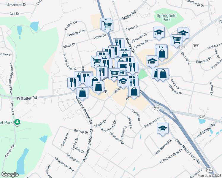 map of restaurants, bars, coffee shops, grocery stores, and more near 129 West Butler Road in Mauldin