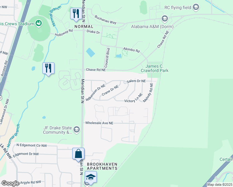 map of restaurants, bars, coffee shops, grocery stores, and more near 160 Wilkenson Drive Northeast in Huntsville