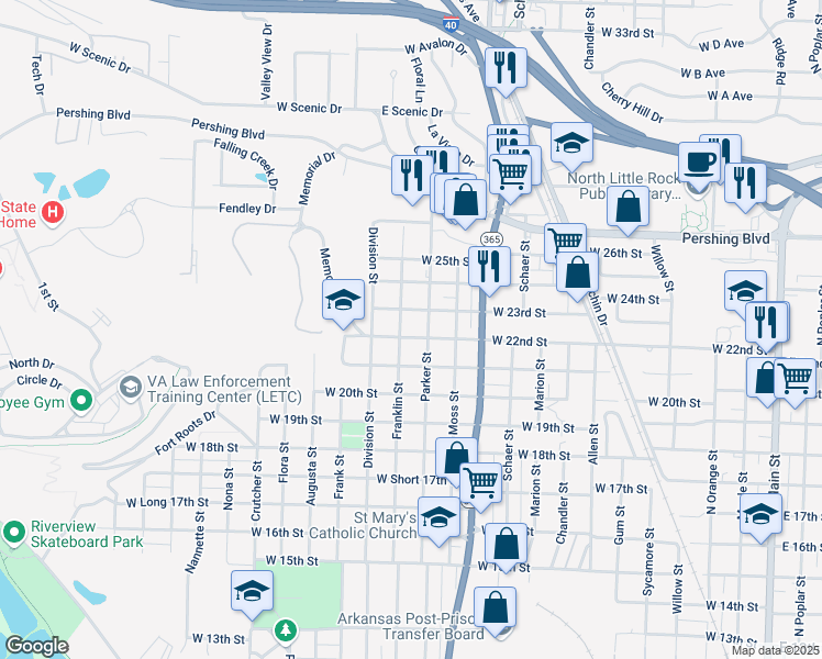 map of restaurants, bars, coffee shops, grocery stores, and more near 1217 West 22nd Street in North Little Rock