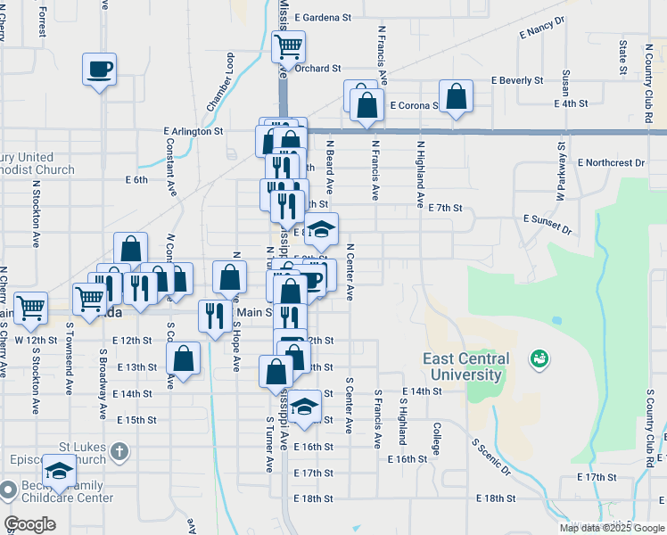 map of restaurants, bars, coffee shops, grocery stores, and more near 817 East 9th Street in Ada