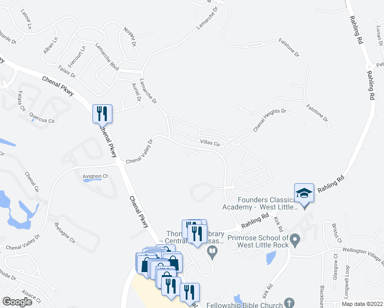 map of restaurants, bars, coffee shops, grocery stores, and more near 100 Vallon Lane in Little Rock