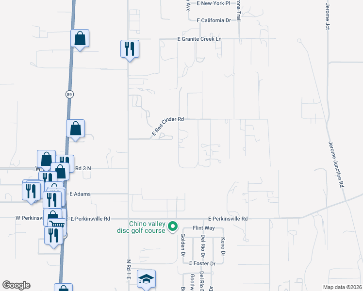 map of restaurants, bars, coffee shops, grocery stores, and more near 1244 East Red Cinder Road in Chino Valley