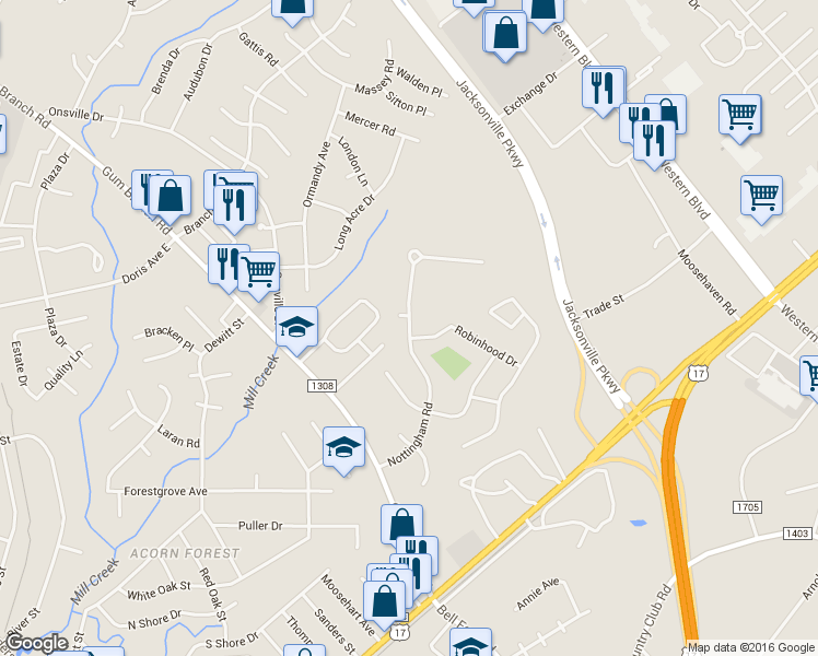 map of restaurants, bars, coffee shops, grocery stores, and more near 301 Nottingham Road in Jacksonville