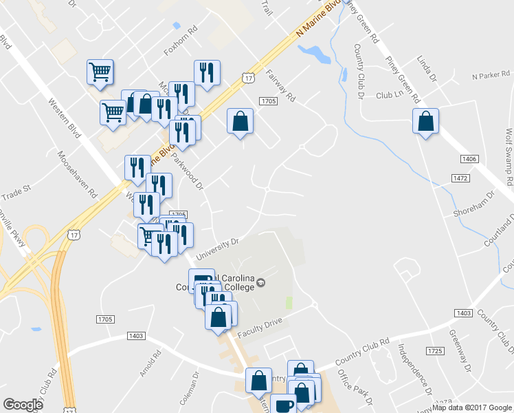 map of restaurants, bars, coffee shops, grocery stores, and more near 201 University Drive in Jacksonville