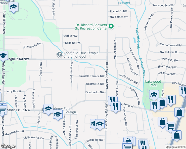 map of restaurants, bars, coffee shops, grocery stores, and more near 2617 Oakdale Terrace Northwest in Huntsville
