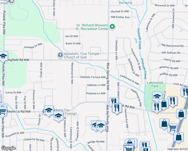 map of restaurants, bars, coffee shops, grocery stores, and more near 2617 Oakdale Terrace Northwest in Huntsville