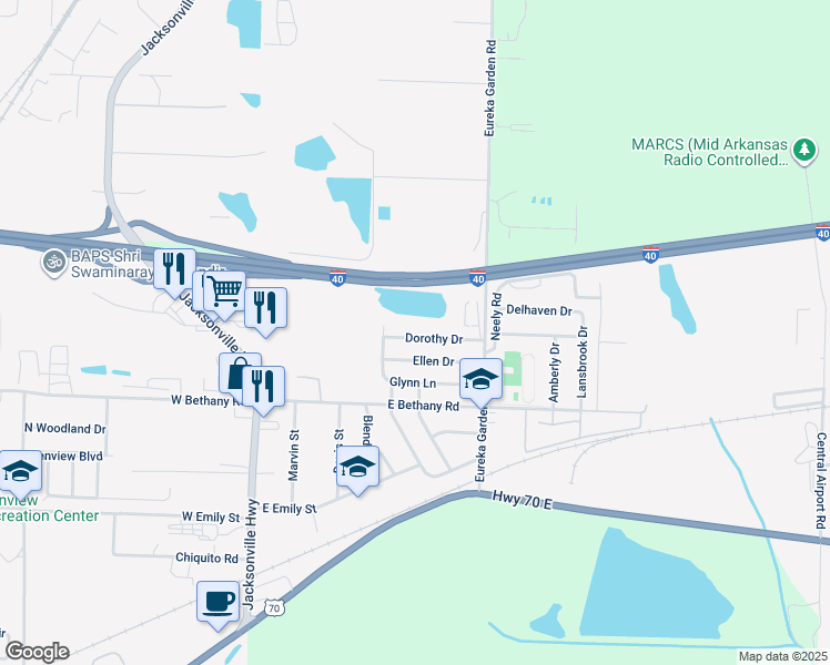 map of restaurants, bars, coffee shops, grocery stores, and more near 520 Dorothy Drive in North Little Rock
