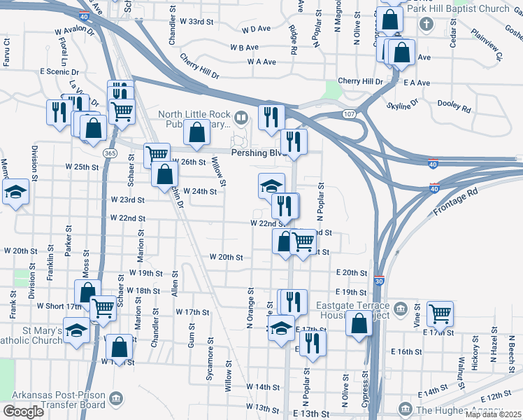 map of restaurants, bars, coffee shops, grocery stores, and more near in North Little Rock
