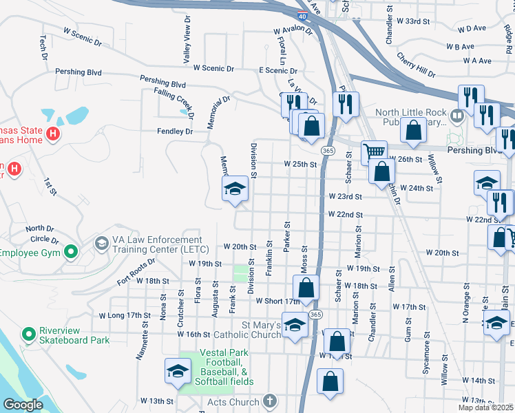 map of restaurants, bars, coffee shops, grocery stores, and more near 1400 West 22nd Street in North Little Rock