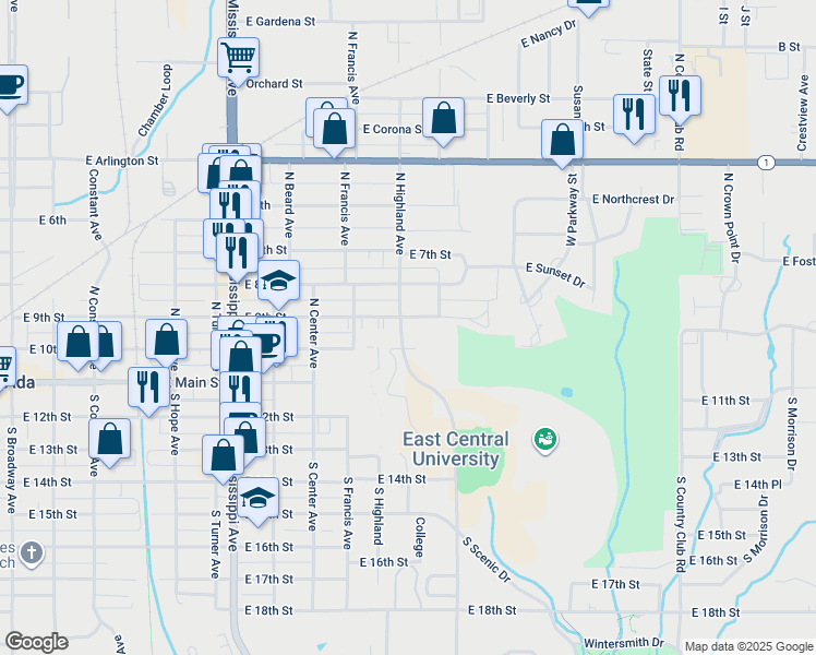 map of restaurants, bars, coffee shops, grocery stores, and more near 1198 East 10th Street in Ada