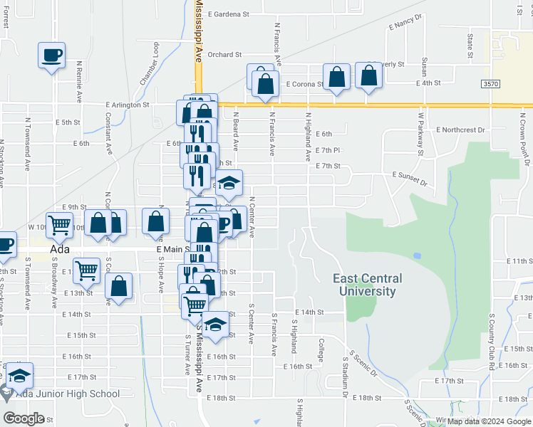 map of restaurants, bars, coffee shops, grocery stores, and more near 924 East 10th Street in Ada