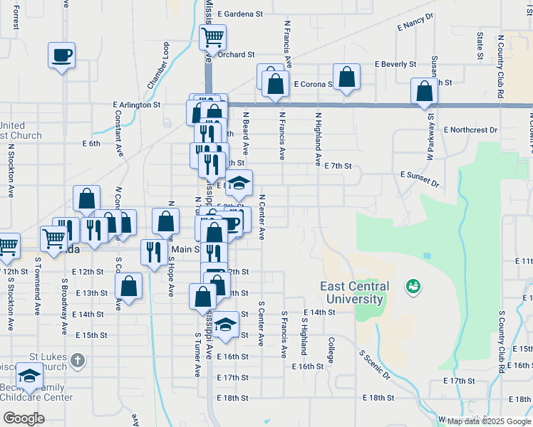 map of restaurants, bars, coffee shops, grocery stores, and more near 924 East 10th Street in Ada