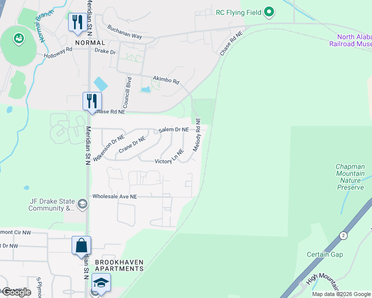map of restaurants, bars, coffee shops, grocery stores, and more near 3809 Melody Road Northeast in Huntsville