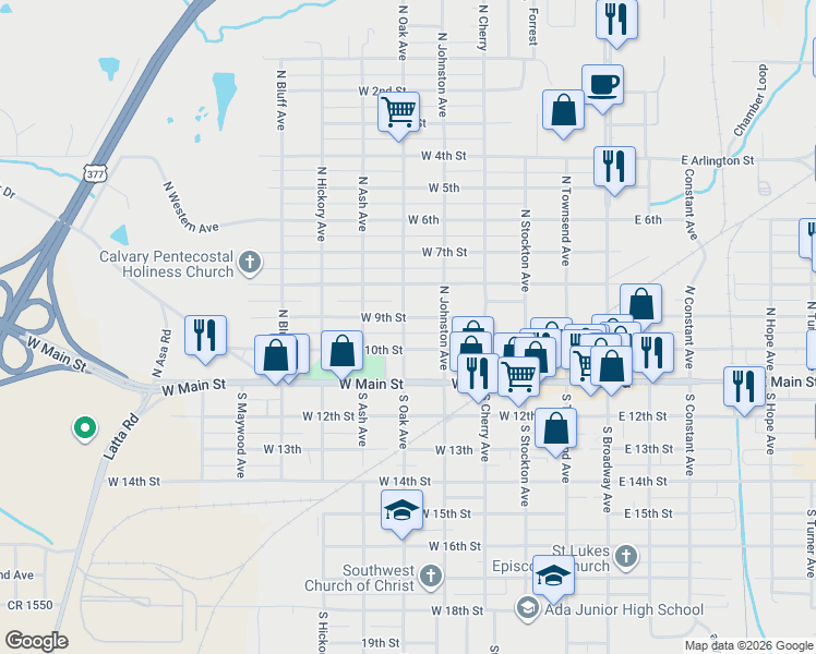 map of restaurants, bars, coffee shops, grocery stores, and more near 211 North Oak Avenue in Ada