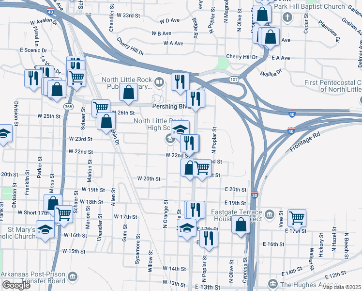 map of restaurants, bars, coffee shops, grocery stores, and more near 101 West 22nd Street in Little Rock
