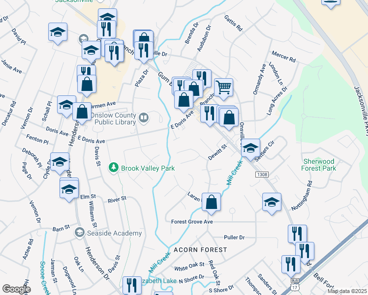 map of restaurants, bars, coffee shops, grocery stores, and more near 342 Bracken Place in Jacksonville