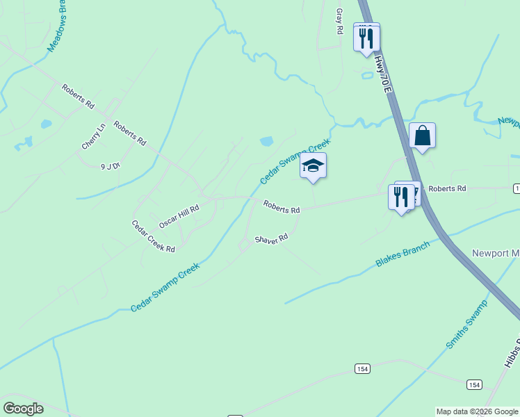 map of restaurants, bars, coffee shops, grocery stores, and more near 575 Roberts Road in Newport