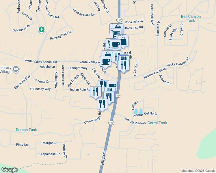 map of restaurants, bars, coffee shops, grocery stores, and more near 65 Verde Valley School Road in Sedona