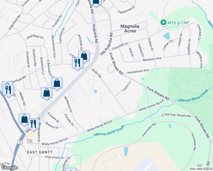 map of restaurants, bars, coffee shops, grocery stores, and more near 106 Hicks Road in Greenville