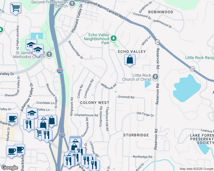 map of restaurants, bars, coffee shops, grocery stores, and more near 2513 Millbrook Road in Little Rock