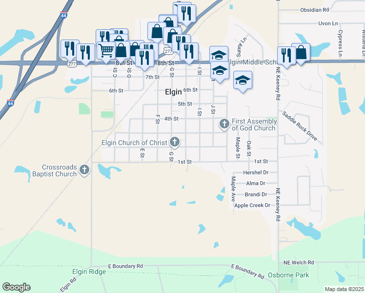 map of restaurants, bars, coffee shops, grocery stores, and more near in Elgin